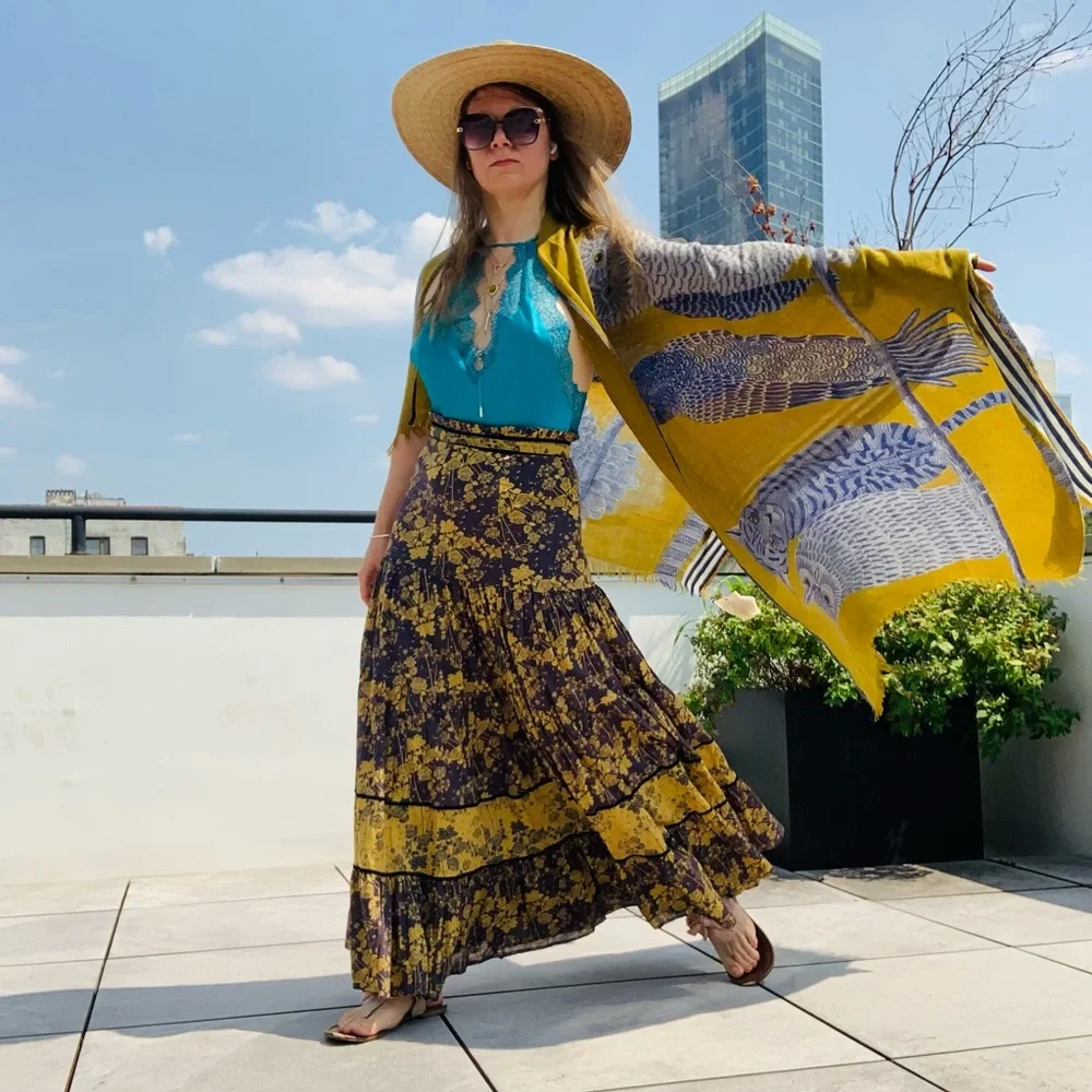 Inouïtoosh Wool Mustard Owl Cat Fringed Blanket Scarf Dupatta